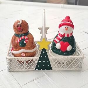 SGE Christmas Snowman & Gingerbread Salt and Pepper Shakers in Metal Tree Holder